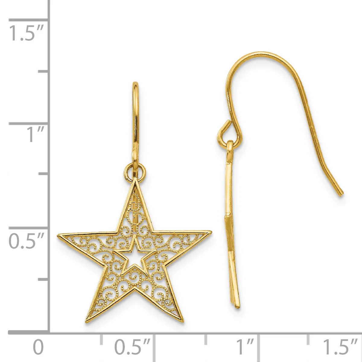 Gold-tone star earrings with crystal accents and hook backs displayed next to a measurement ruler showing approximately one inch in length.