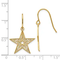 Gold-tone star earrings with crystal accents and hook backs displayed next to a measurement ruler showing approximately one inch in length.