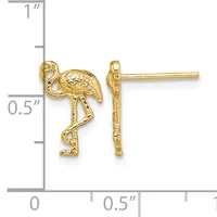 Gold-colored stud earrings shaped like ostriches with detailed feather texturing, shown next to a ruler for scale.