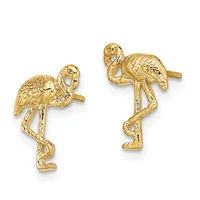 A pair of gold stud earrings shaped like stylized flamingos with detailed feathering and long curved legs.