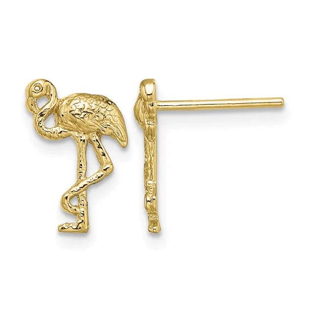 Pair of gold stud earrings shaped like flamingos, shown from front and side views, with textured feather details and posts for pierced ears.