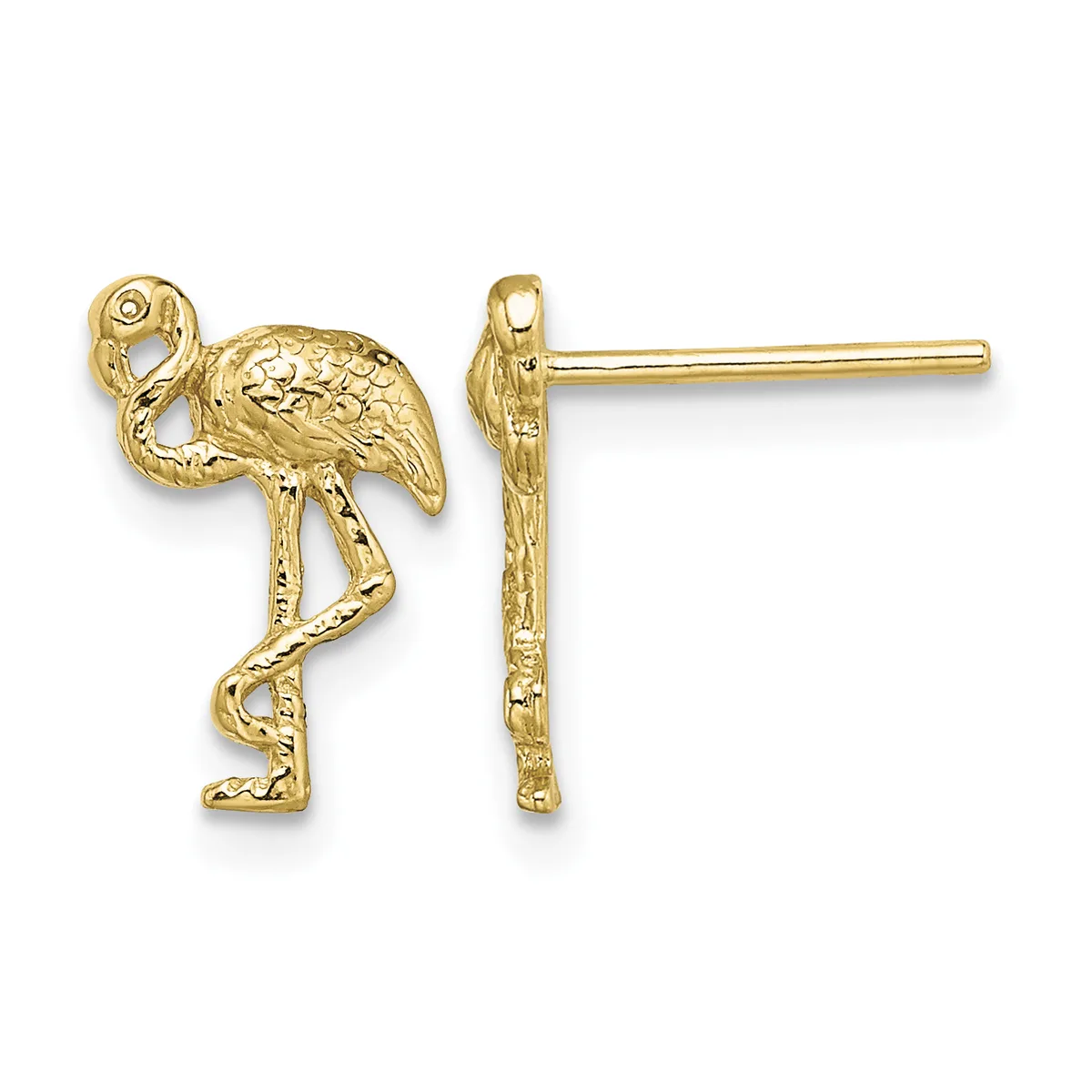 Pair of gold stud earrings shaped like flamingos, shown from front and side views, with textured feather details and posts for pierced ears.