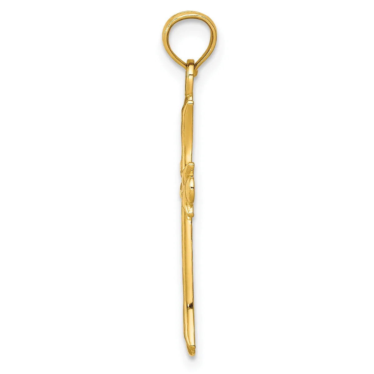 A long, slender gold pendant with a loop at the top and a pointed tip at the bottom, displayed vertically against a white background.