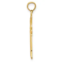 A long, slender gold pendant with a loop at the top and a pointed tip at the bottom, displayed vertically against a white background.