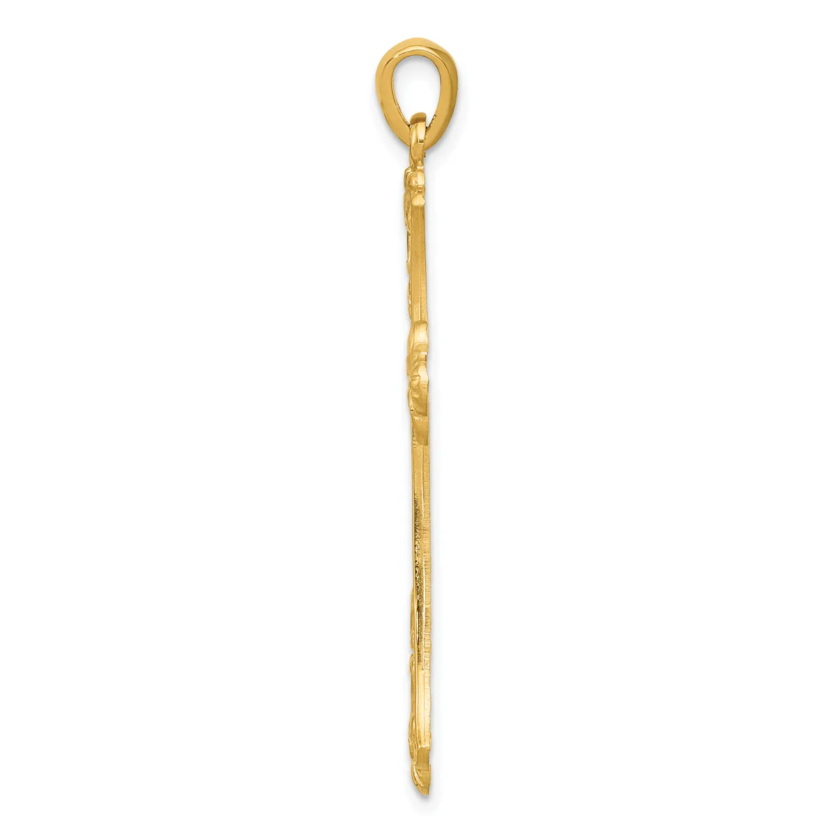 A long, slender gold pendant with a textured surface and an oval loop at the top for attachment.