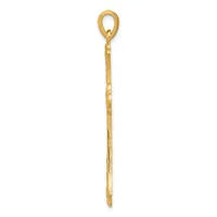 A long, slender gold pendant with a textured surface and an oval loop at the top for attachment.