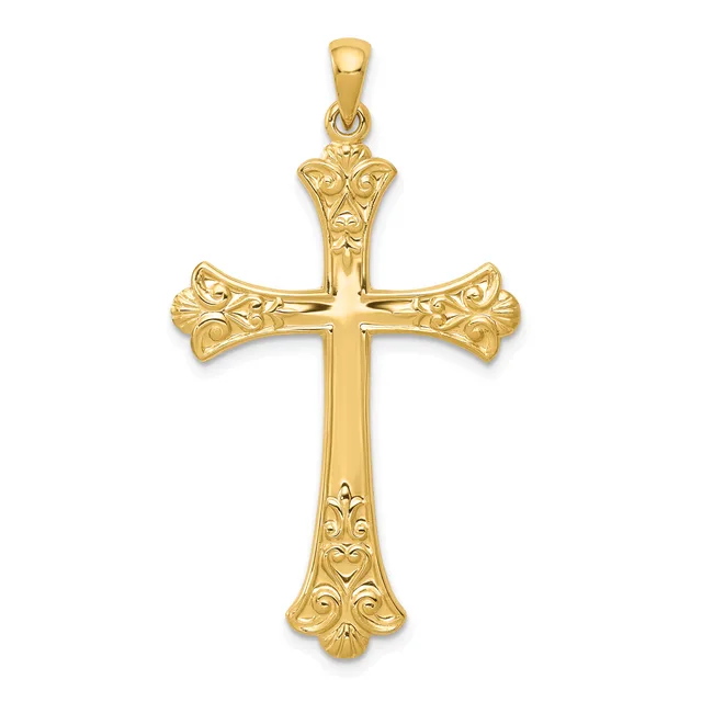 Gold cross pendant with ornate floral filigree detailing on the arms and shaft, displayed against a white background.