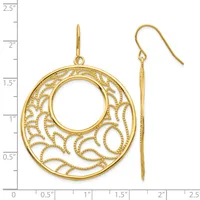 Gold-toned filigree circular earrings with an ornate leaf pattern and a central open circle, displayed next to a measurement ruler showing approximately 2 inches in diameter.