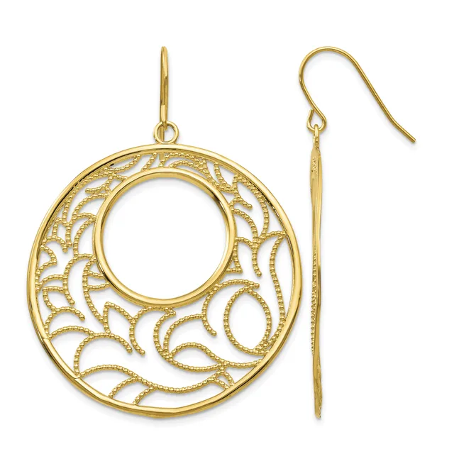 Pair of gold-toned filigree circular dangle earrings with intricate leaf and vine cutout patterns, shown from front and side views.