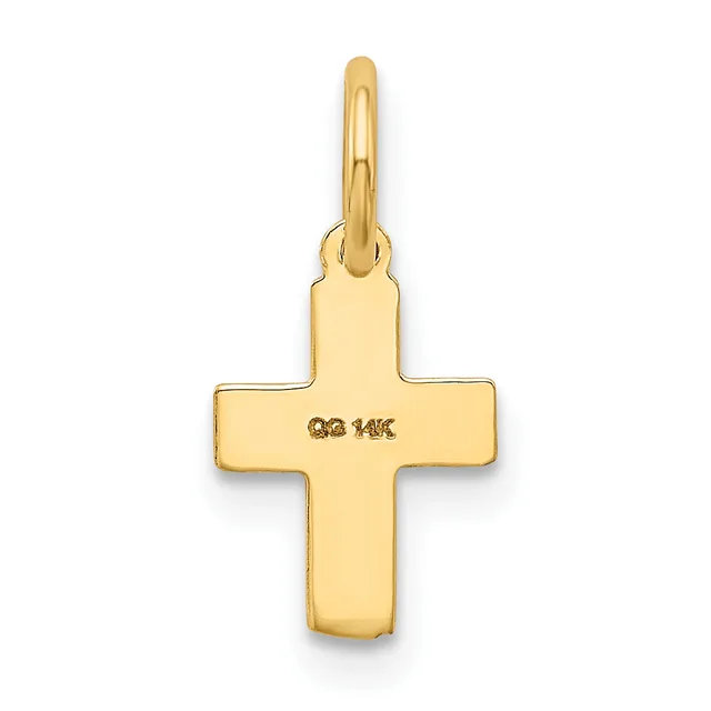 A polished gold cross pendant with a rounded loop at the top, shown against a white background.