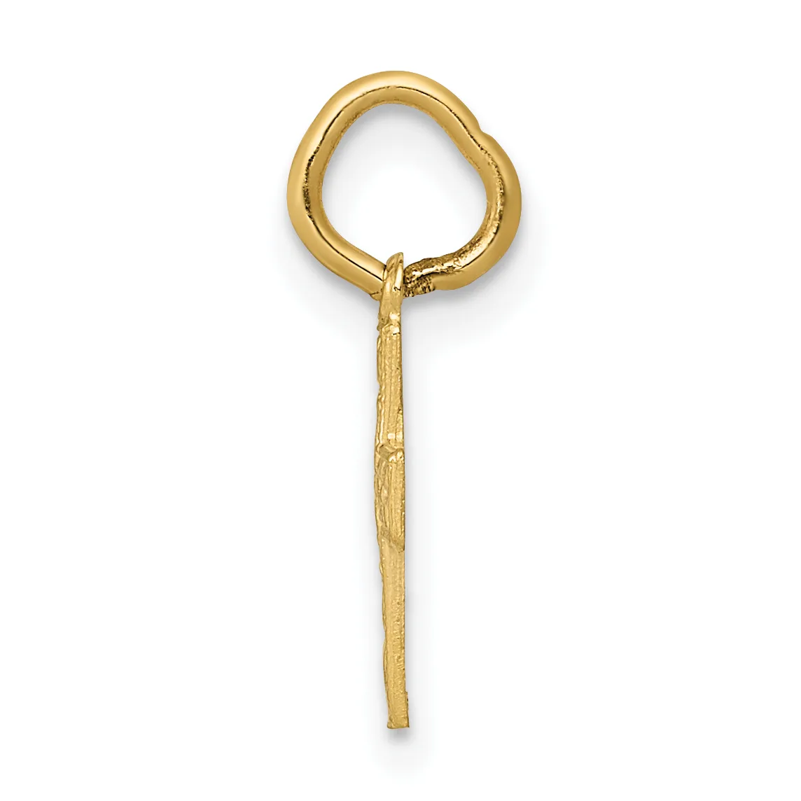 A gold-colored metal pendant with a rounded loop at the top and a long straight stem extending downward.