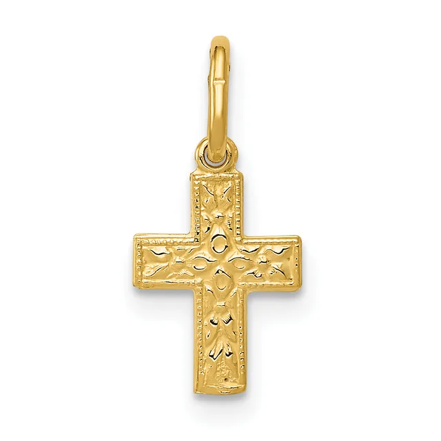 Gold cross pendant with textured surface and small loop attachment at top.