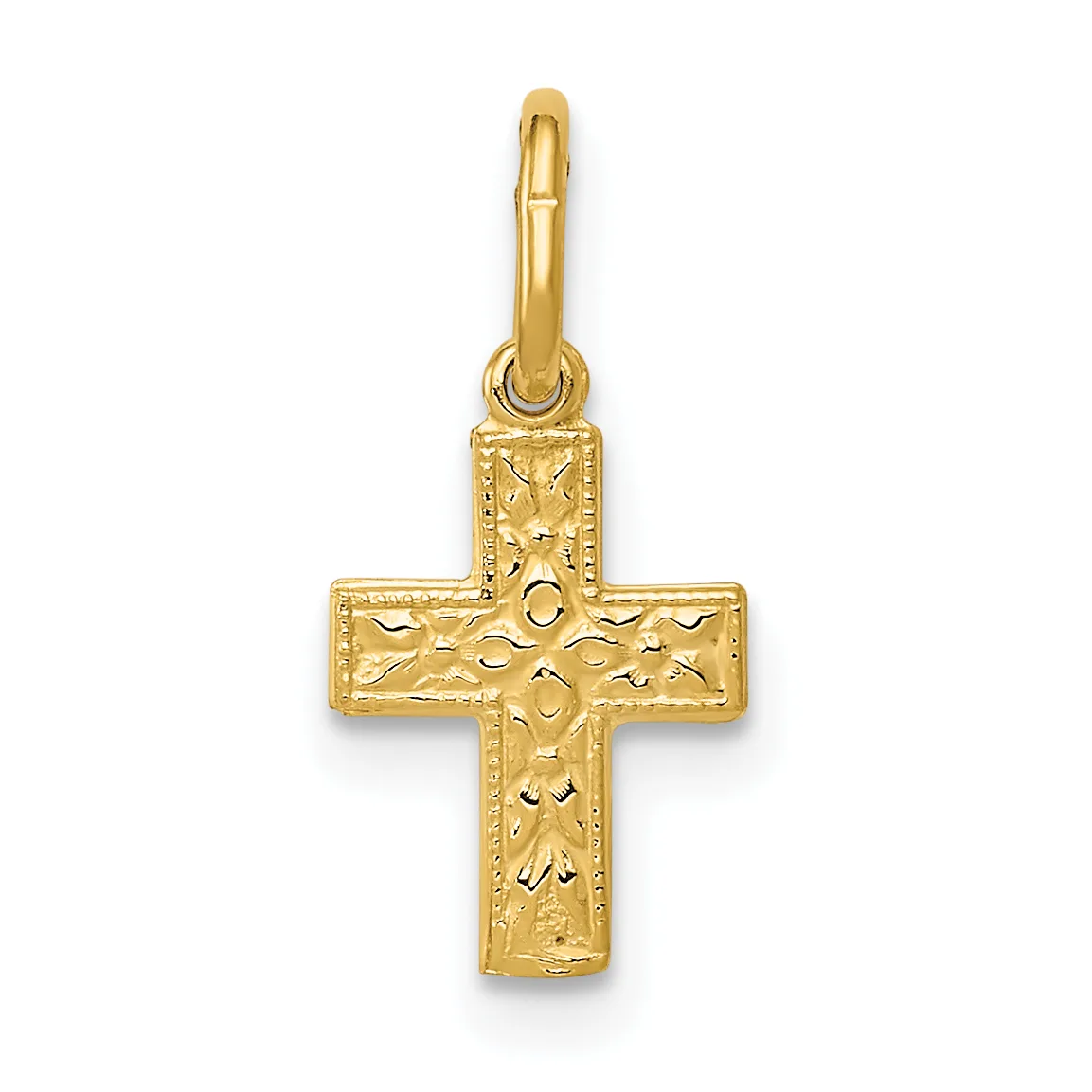 Gold cross pendant with textured surface and small loop attachment at top.