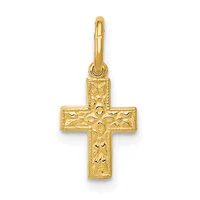 Gold cross pendant with textured surface and small loop attachment at top.