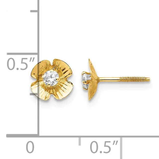 Pair of gold-colored flower-shaped stud earrings with round white stone centers, shown front and back view next to a measurement scale.