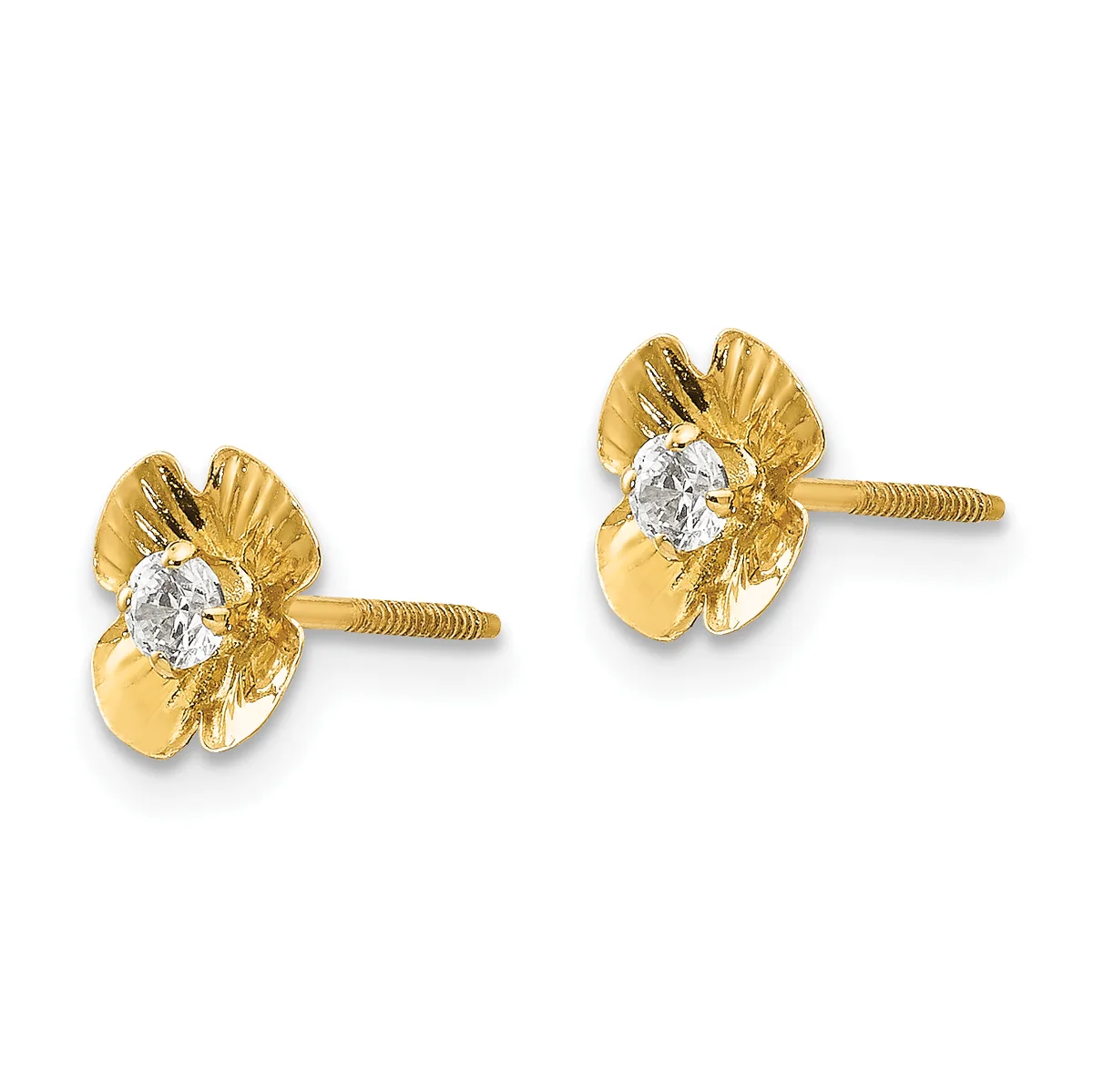 A pair of gold flower-shaped stud earrings with round diamond centers and textured petals, shown from the front against a white background.