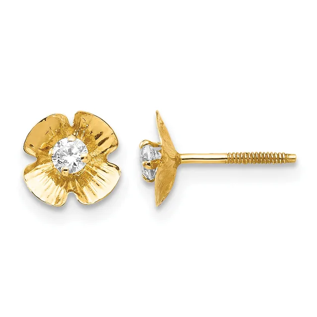 A pair of gold flower-shaped stud earrings with four petals each, centered with round white cubic zirconia stones, shown from front and back views.