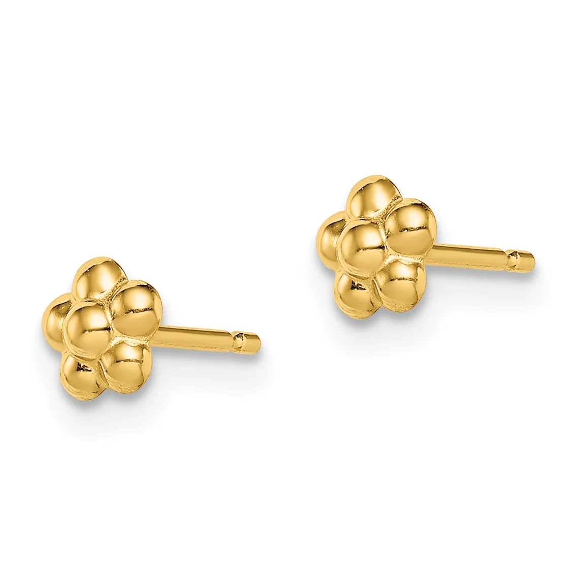 A pair of polished gold stud earrings shaped like flowers with rounded petal clusters, shown from the front against a white background.