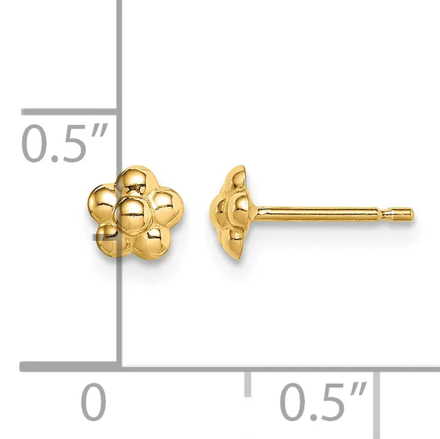 Pair of gold-colored flower-shaped stud earrings shown front and side view with a measurement scale indicating approximately 0.5 inches in diameter.