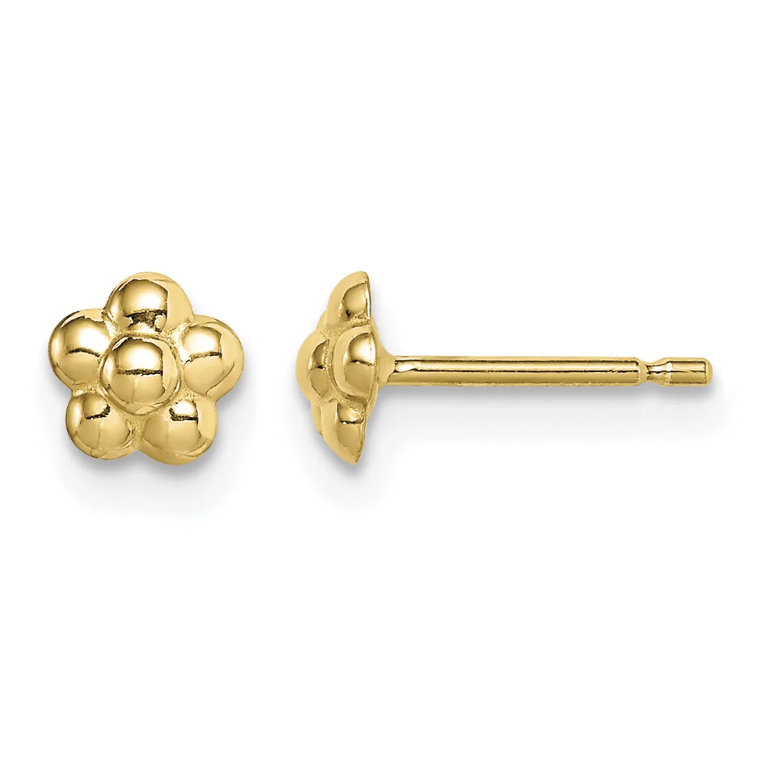 Pair of gold flower-shaped stud earrings shown from front and side view, each featuring a rounded center sphere surrounded by five petals on a post back.