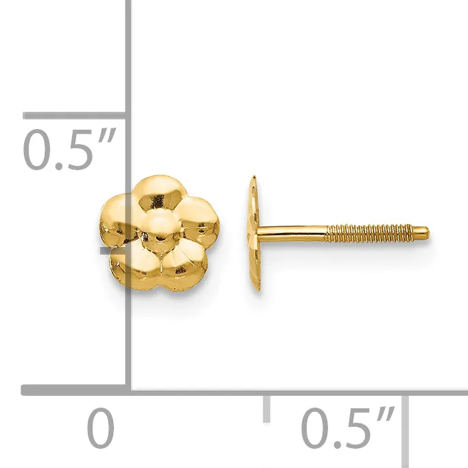 Pair of gold-plated ball stud earrings with screw backs, shown front and side view with measurement scale indicating approximately 0.5 inches.