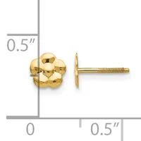 Pair of gold-plated ball stud earrings with screw backs, shown front and side view with measurement scale indicating approximately 0.5 inches.
