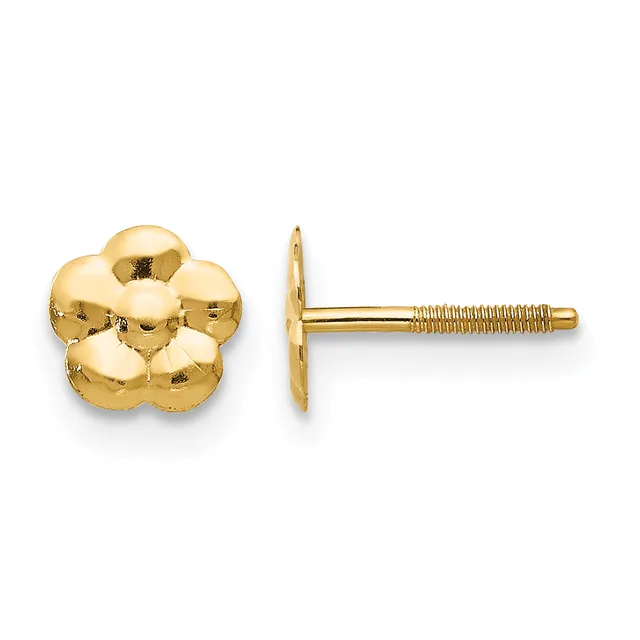 Pair of gold flower-shaped stud earrings with textured petals and threaded posts, shown from front and side views.