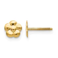 Pair of gold flower-shaped stud earrings with textured petals and threaded posts, shown from front and side views.