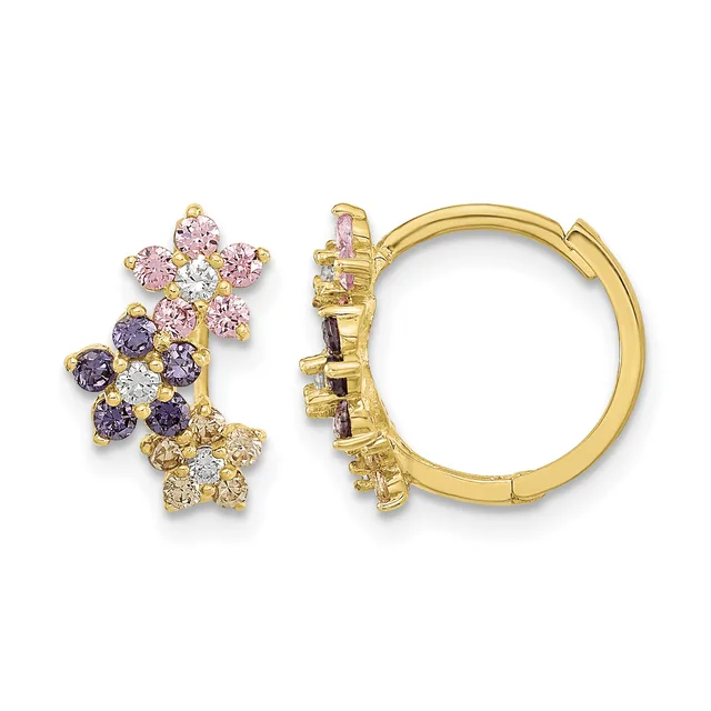 Pair of gold hoop earrings with multicolored gemstone flower clusters in pink, purple, and clear stones attached to the front.
