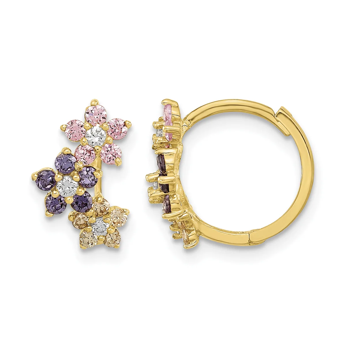 Pair of gold hoop earrings with multicolored gemstone flower clusters in pink, purple, and clear stones attached to the front.