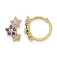 Pair of gold hoop earrings with multicolored gemstone flower clusters in pink, purple, and clear stones attached to the front.