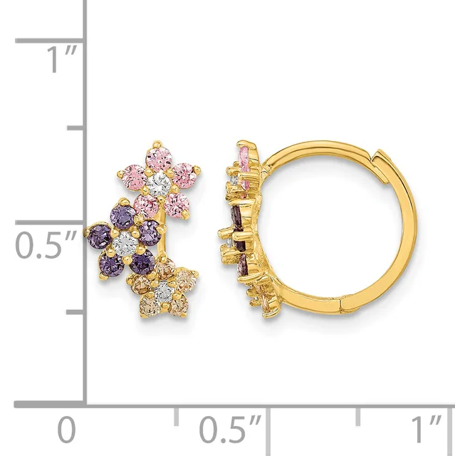 Gold hoop earrings with clustered flower-shaped charms set with purple and pink gemstones and clear crystals, shown next to a ruler for scale.
