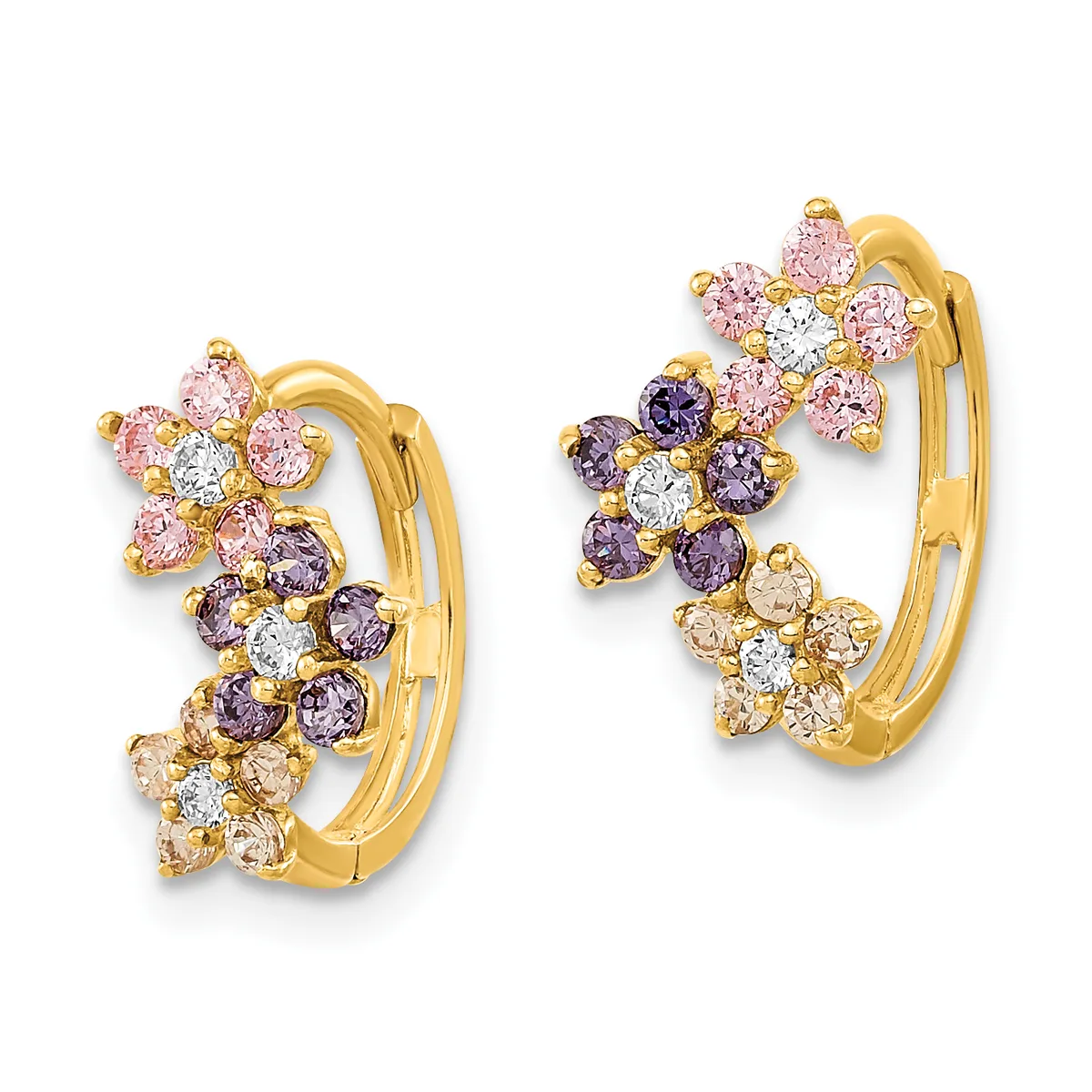 A pair of gold hoop earrings adorned with colorful gemstone flowers in pink, purple, and clear stones arranged in clusters along the curved surface.