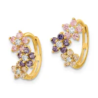 A pair of gold hoop earrings adorned with colorful gemstone flowers in pink, purple, and clear stones arranged in clusters along the curved surface.