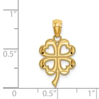 Gold four-leaf clover pendant with beaded border detail and bail, shown next to a ruler indicating approximately one inch in height.