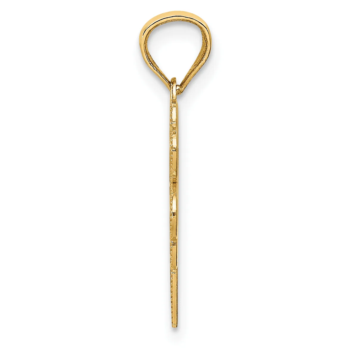 A gold-toned teardrop-shaped loop attached to a chain with an open hook at the bottom, displayed vertically against a white background.
