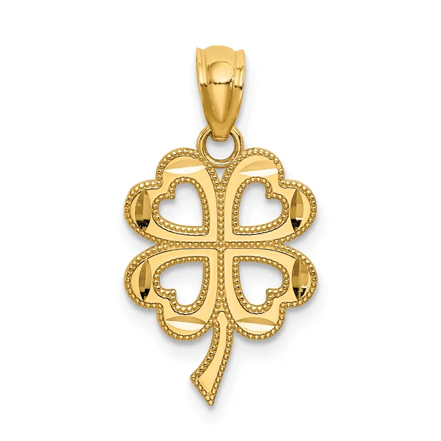 A four-leaf clover pendant in polished gold with beaded outlines and heart-shaped cutouts in each lobe, suspended from a gold bail.