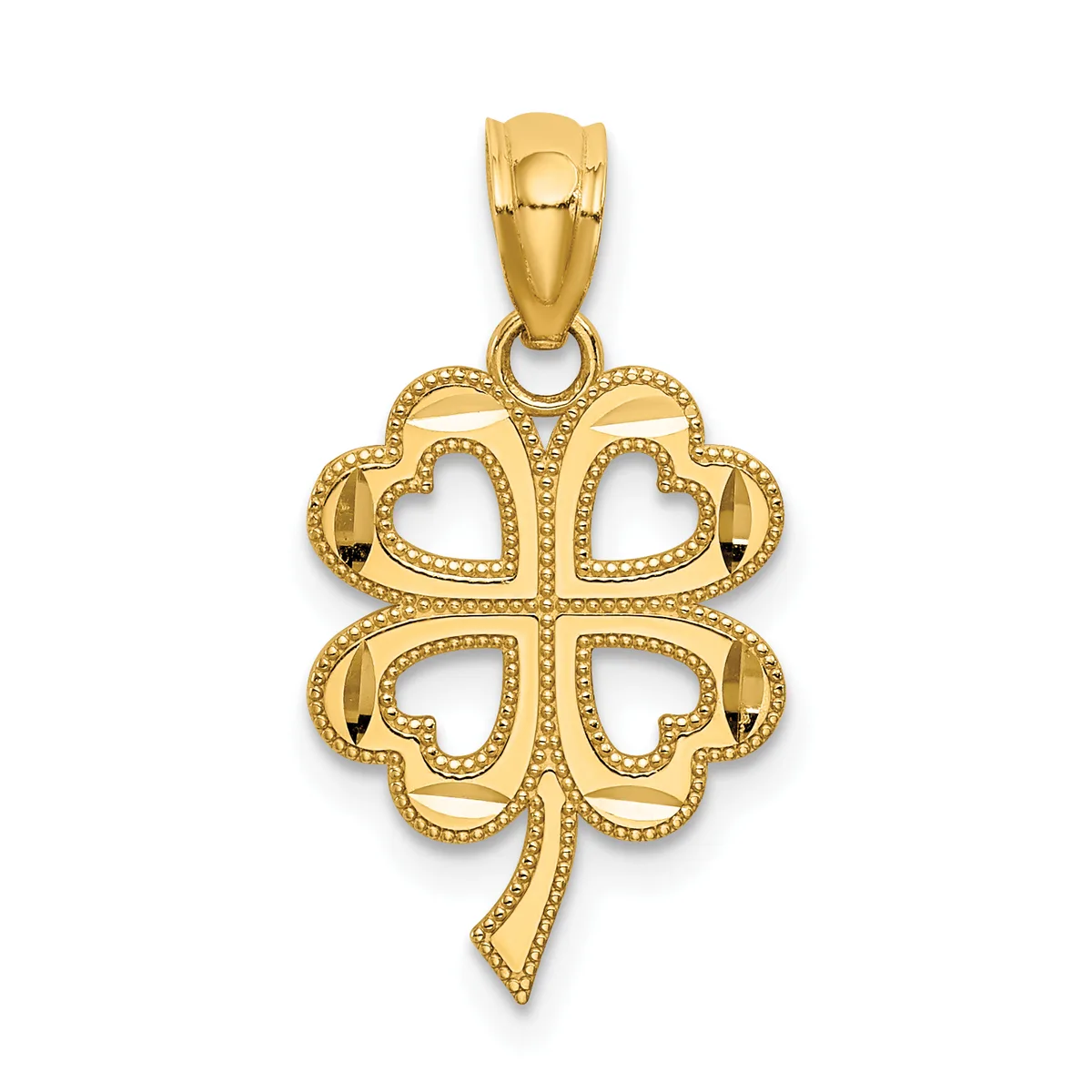 A four-leaf clover pendant in polished gold with beaded outlines and heart-shaped cutouts in each lobe, suspended from a gold bail.