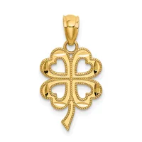 A four-leaf clover pendant in polished gold with beaded outlines and heart-shaped cutouts in each lobe, suspended from a gold bail.