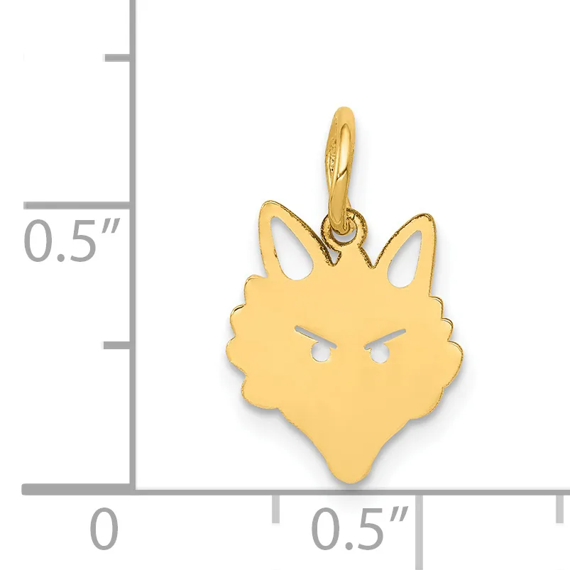 Gold cat face pendant with pointed ears and cutout eyes, shown next to a ruler indicating approximately half an inch in width.