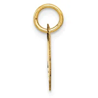 A gold-colored metal pendant consisting of a circular loop attached to a long rectangular stem with textured surface details.