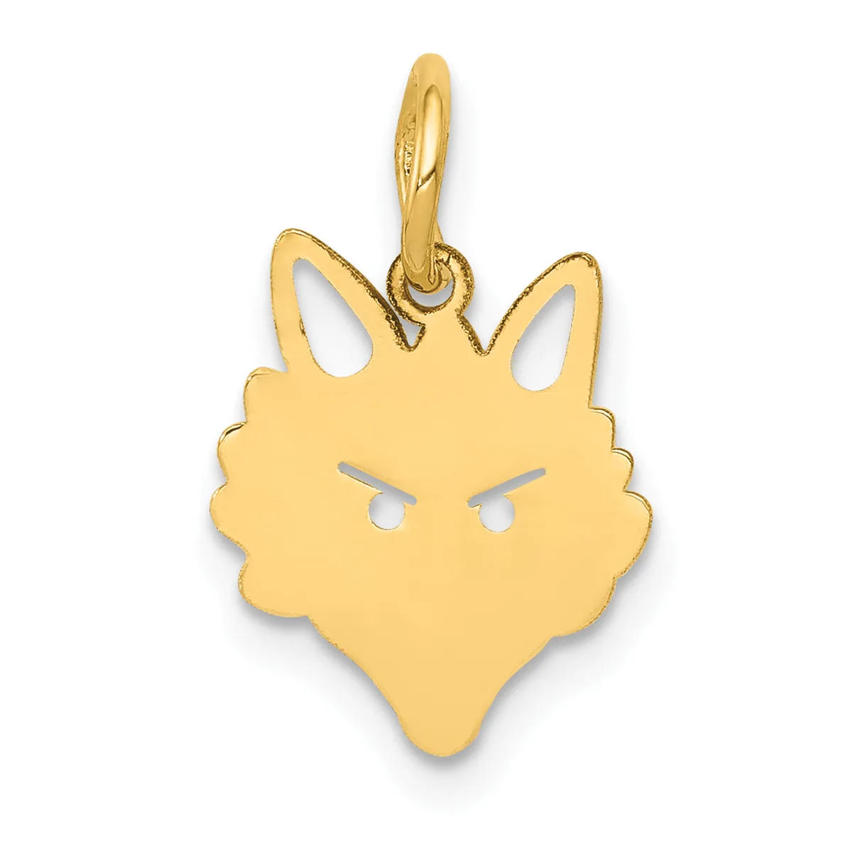 A gold cat face pendant with pointed ears, angry expression, and a loop bail at the top.