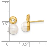 A pair of gold stud earrings featuring white pearls topped with small diamond accents, shown from front and side views next to a measurement scale.