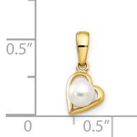 Gold heart-shaped pendant with a white pearl at its center, shown next to a ruler indicating approximately 0.5 inches in width and height.