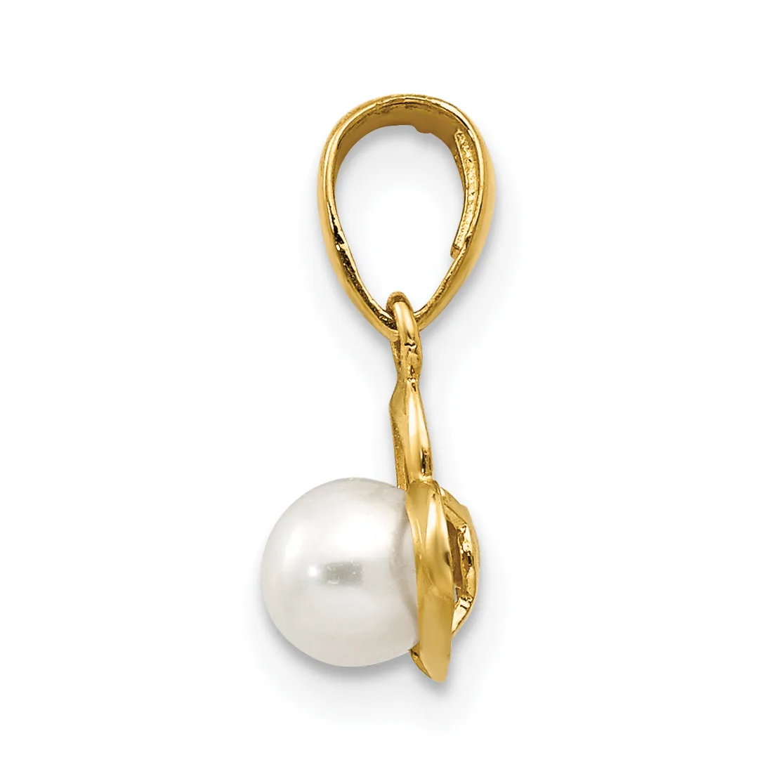 Gold pendant featuring a white pearl suspended from a twisted gold bail loop.
