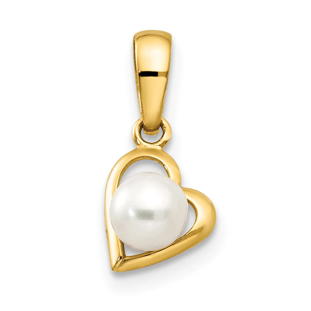 Gold heart-shaped pendant with a white pearl at its center, suspended from a gold bail, displayed against a white background.