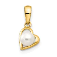 Gold heart-shaped pendant with a white pearl at its center, suspended from a gold bail, displayed against a white background.