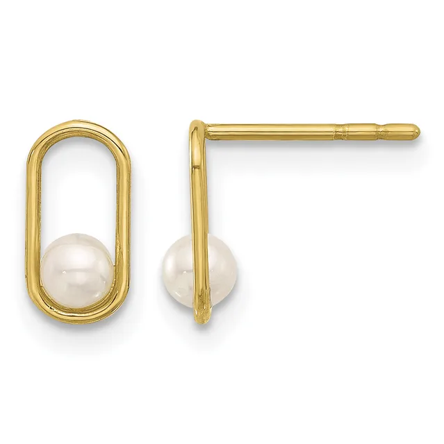Pair of gold stud earrings featuring oval frames with pearls suspended inside, shown from front and side views.