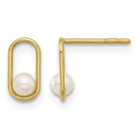Pair of gold stud earrings featuring oval frames with pearls suspended inside, shown from front and side views.