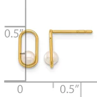 Gold-colored oval hoop earrings with pearl accents, shown from front and side views with a measurement scale indicating approximately 0.5 inches in length.